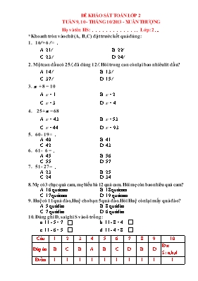 Đề khảo sát môn Toán Lớp 2 - Tuần 9+10 - Trường TH Xuân Thượng